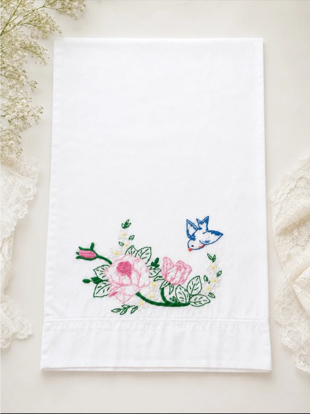 Vintage 1950’s Hand-Embroidered Bluebird Pillowcase. Springmaid | Cottagecore